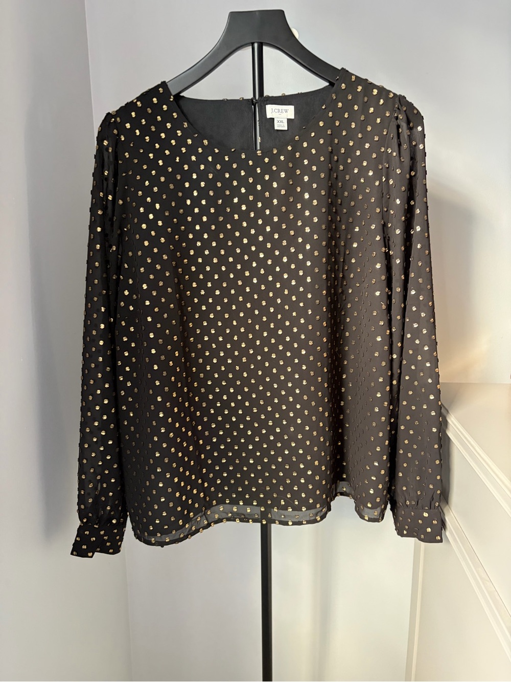 J.Crew Black Metallic Gold Dot Puff Sleeve Blouse Top XXL